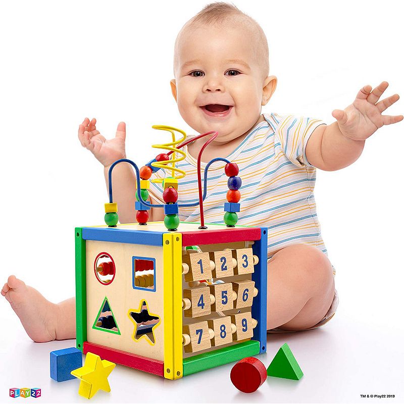 Wooden Activity Play Cube 6 in-1 for Baby with Bead Maze， Shape Sorter， Abacu， Sliding Shapes