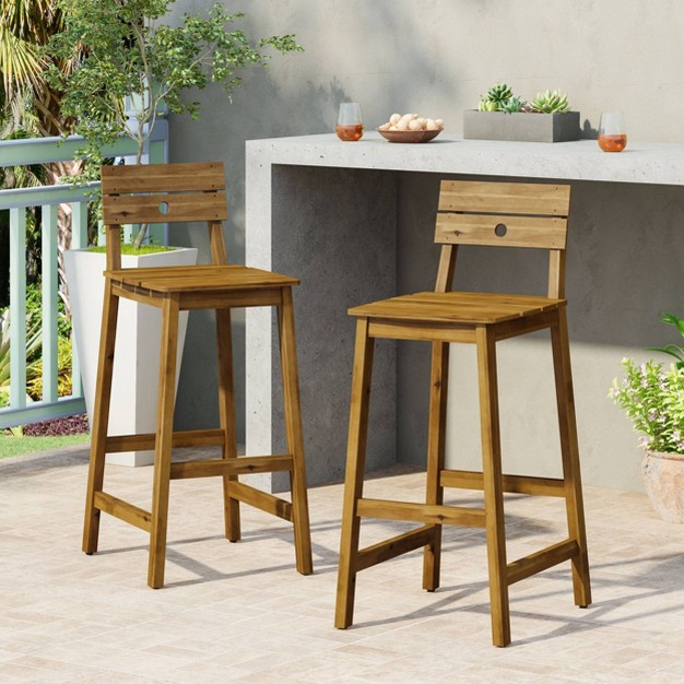 2pk Ashlyn Outdoor Acacia Wood Backed Bar Stools Teak Christopher Knight Home