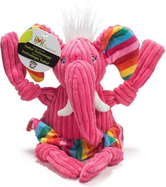 HuggleHounds Rainbow Durable Plush Corduroy Knotties Elephant Squeaky Dog Toy