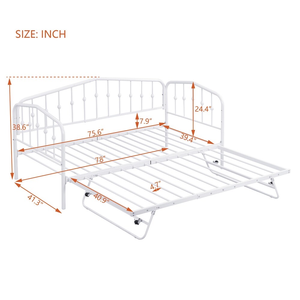 White Twin Size Stylish Metal Daybed with Twin Size Adjustable Trundle