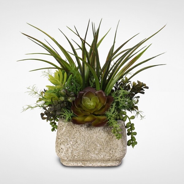 Silk Succulent Arrangement With Grass in a Stone Pot