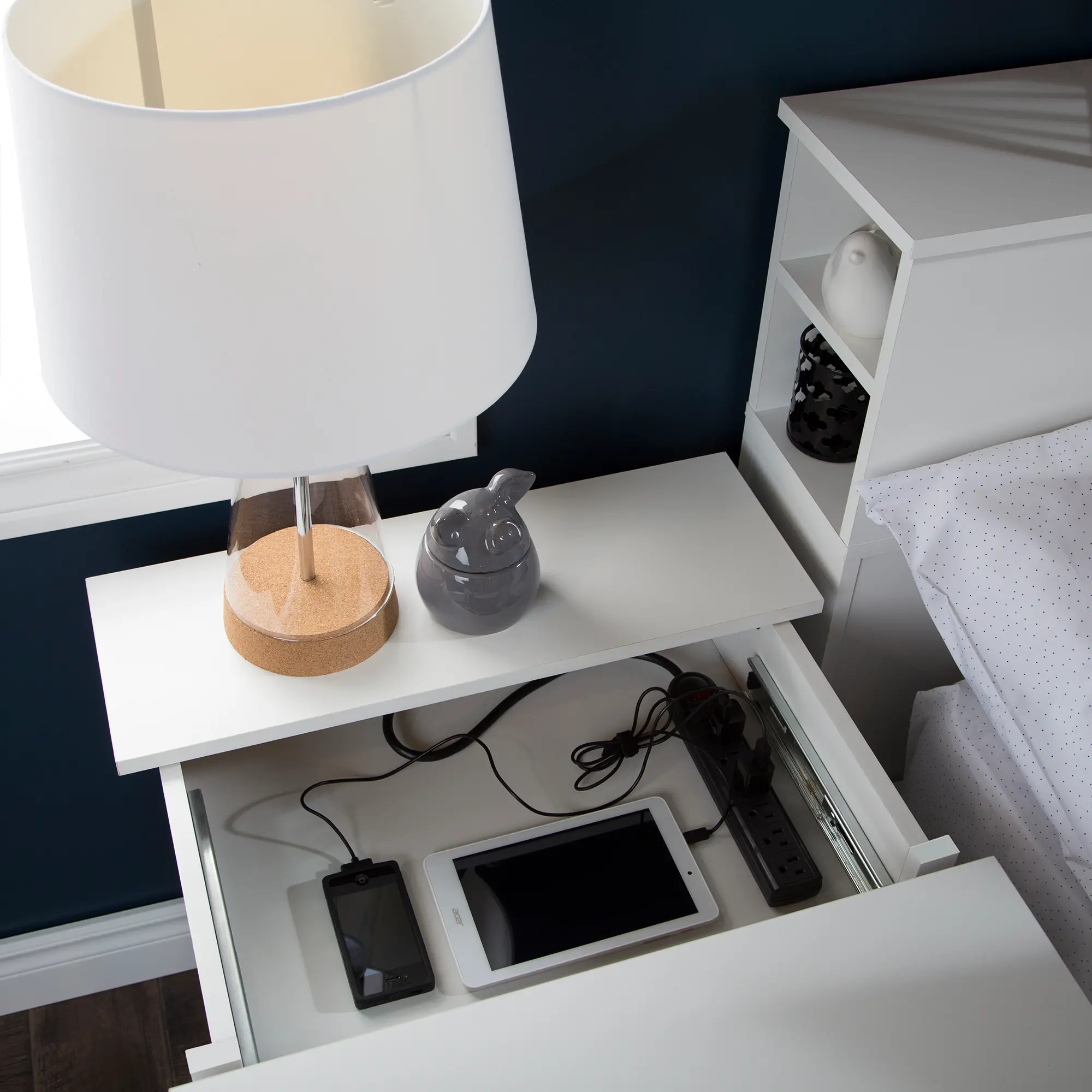 Vito White Nightstand with Charging Station and Drawers - South Shore