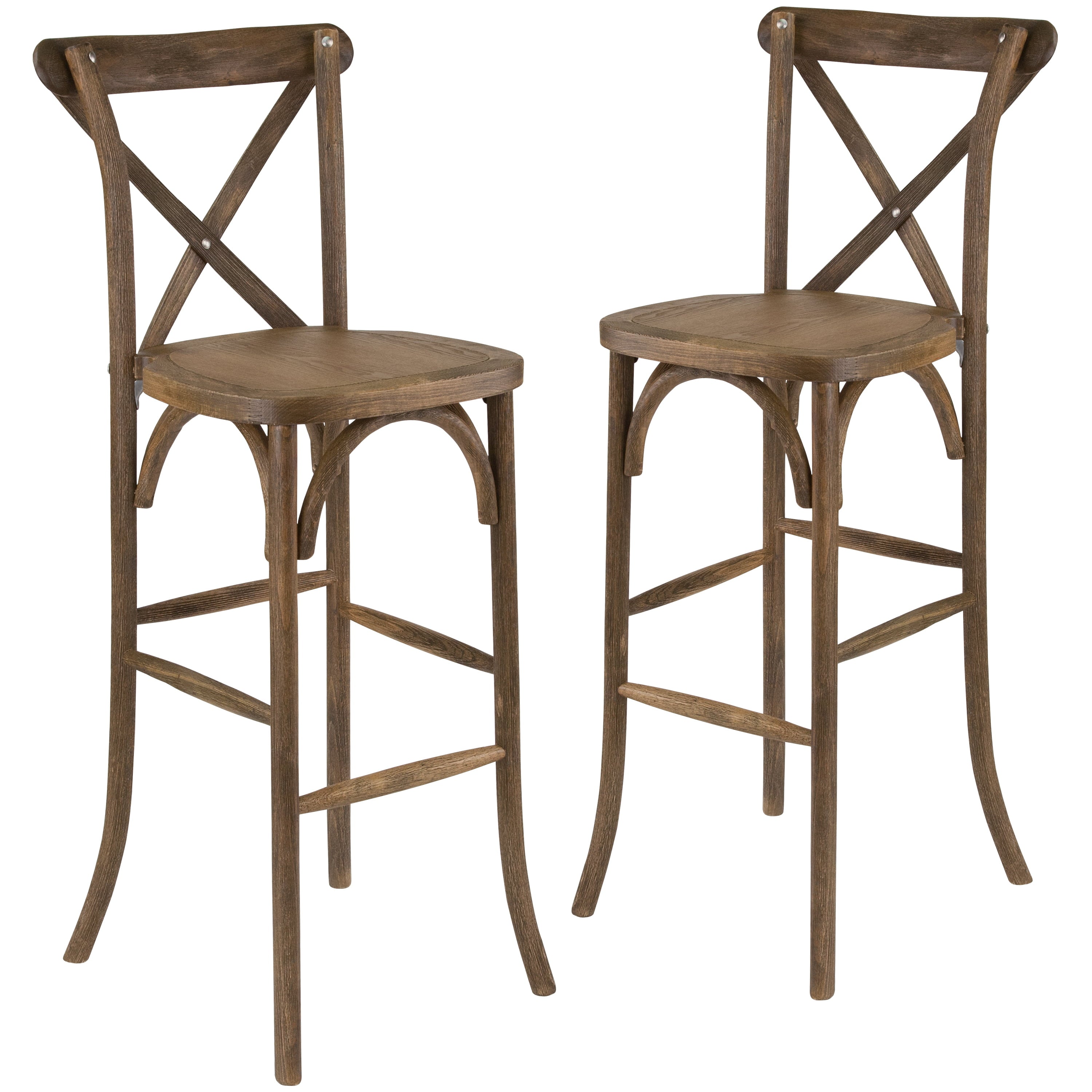 BizChair 2 Pack Dark Antique Wood Cross Back Barstool