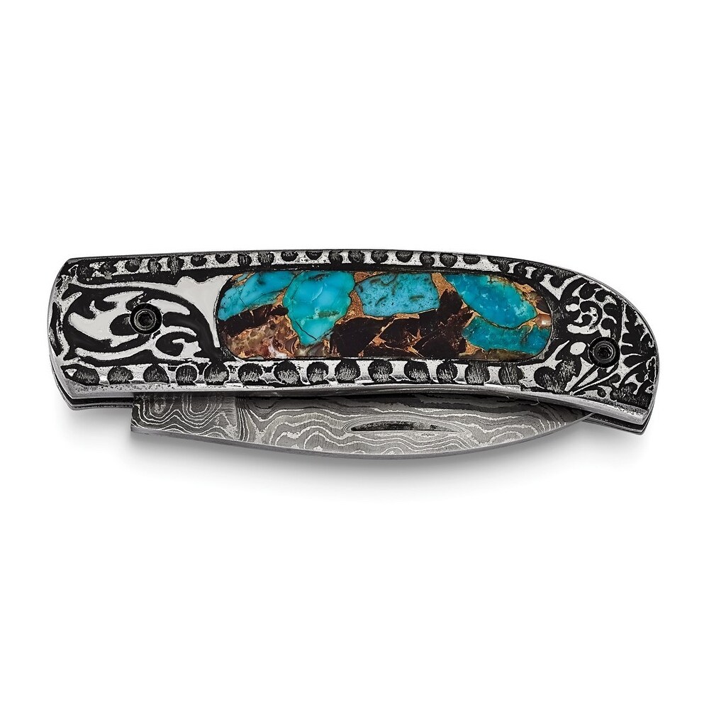Curata Damascus Steel 256 Layer Folding Blade Turquoise Handle Knife Leather Sheath Wooden Gift Box