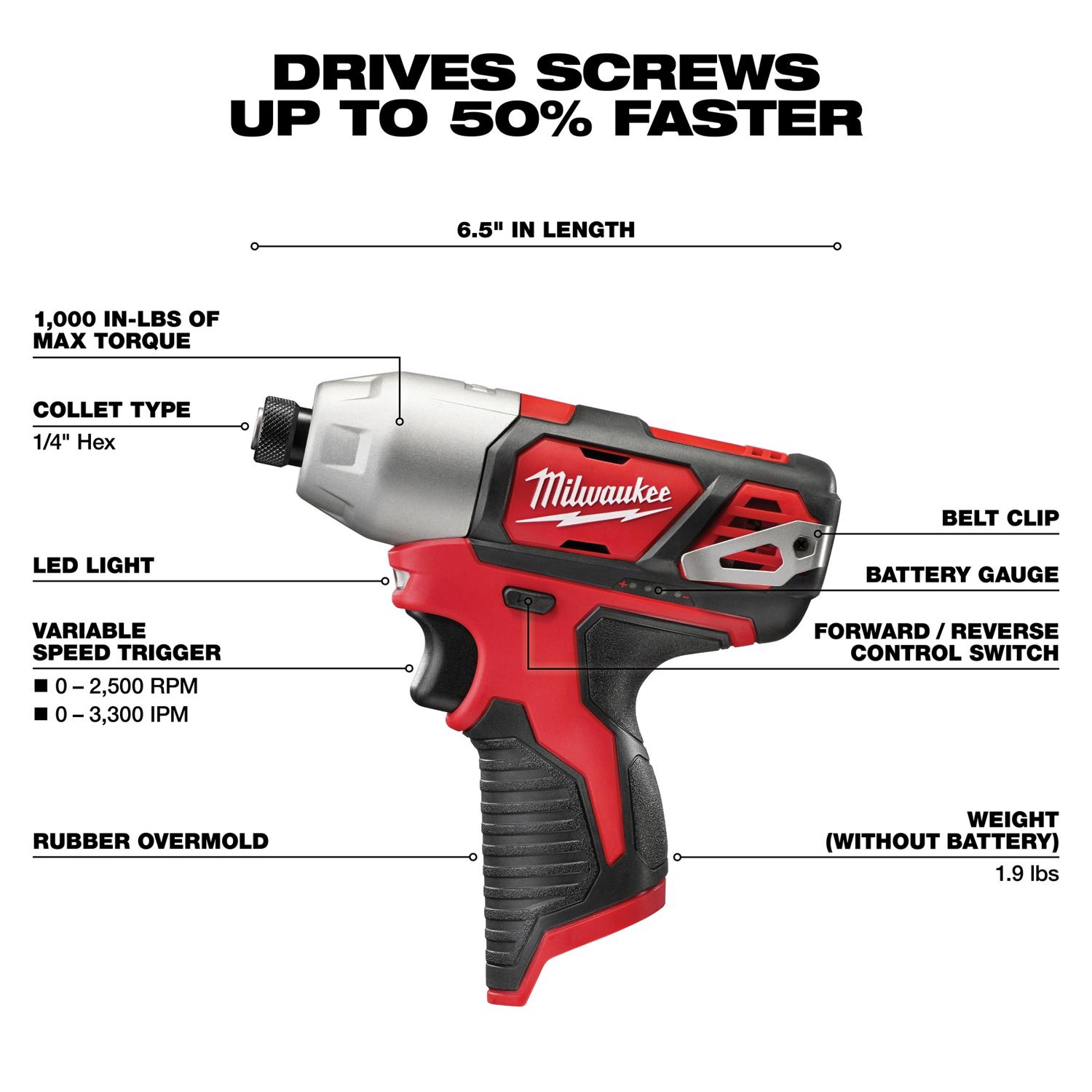 MW M12 12 V 1.5 amps 1/4 in. Cordless Brushed Impact Driver Kit (Battery \u0026 Charger)