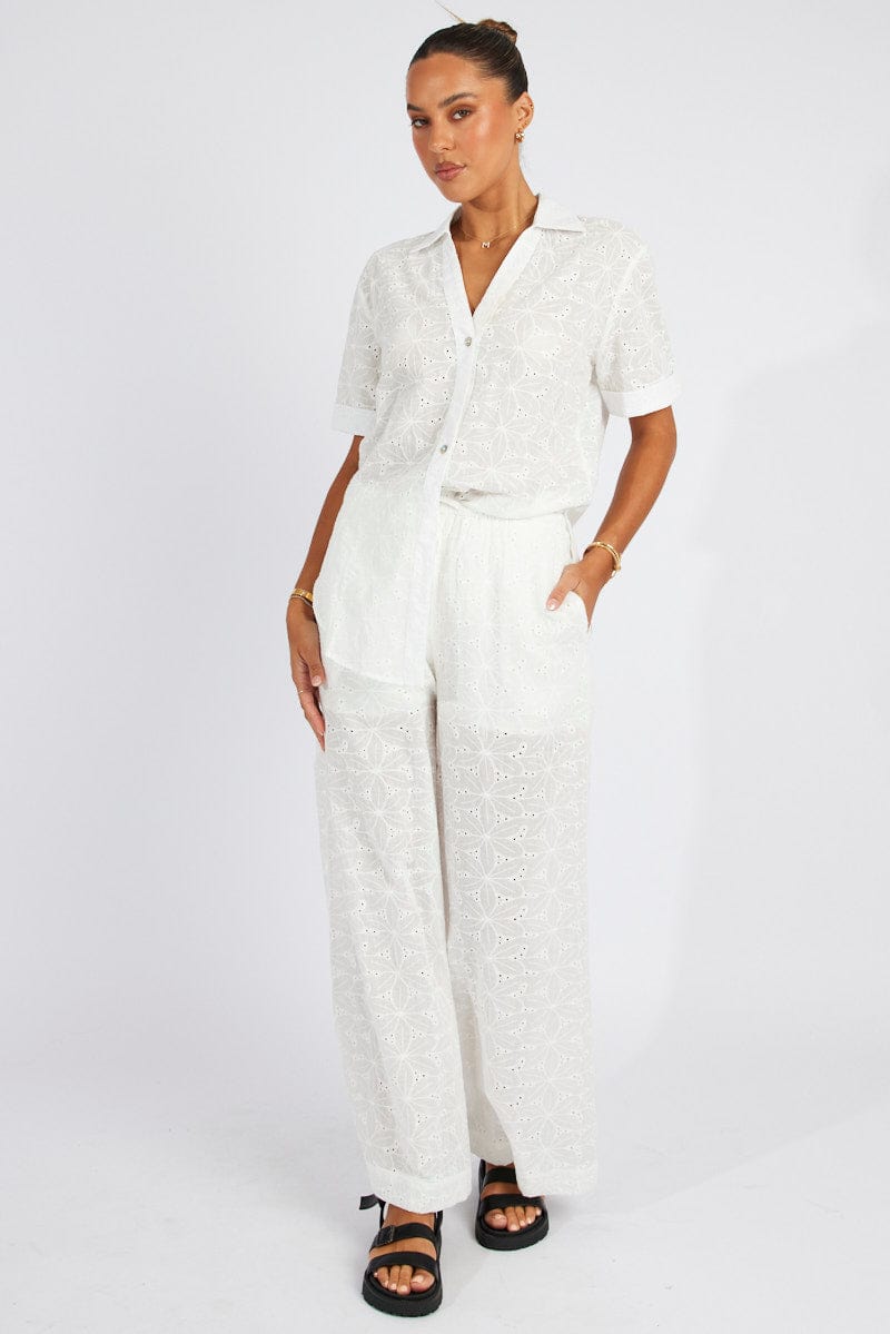 White Wide Leg Pants Mid Rise Eyelet