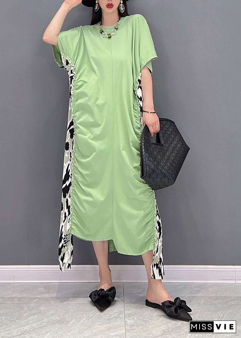 Slim Fit Green O-Neck Asymmetrical Patchwork Wrinkled Chiffon Dress Short Sleeve