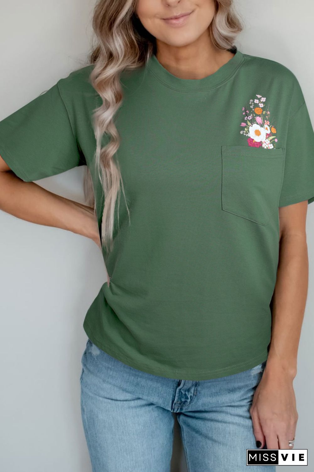 Green Floral Pocket Casual Short Sleeve Tee