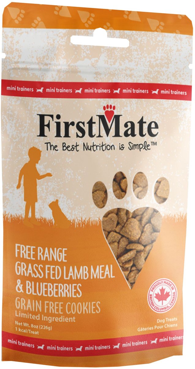 Firstmate Free Range Grass Fed Lamb and Blueberries Mini Trainer Grain-Free Dog Treats， 8-oz bag