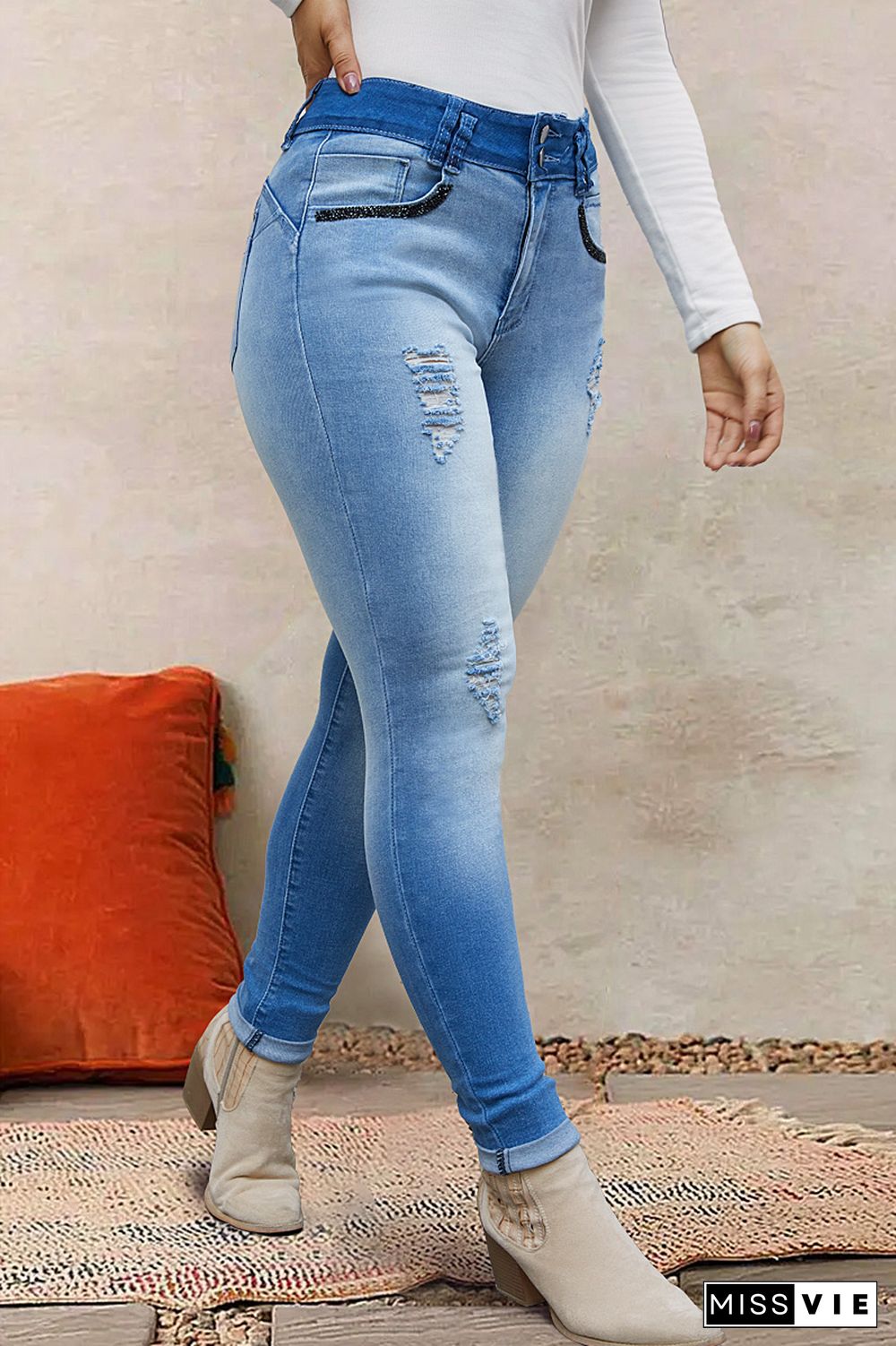 Ripped Button Front Roll Up Hem High Waist Skinny Jeans