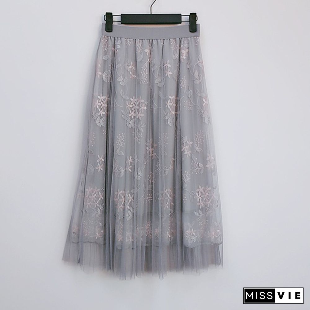 Spring And Summer Korea Mesh Skirt Skirt Heavy Work Embroidery High Waist One Word Long Skirt Fairy Skirt