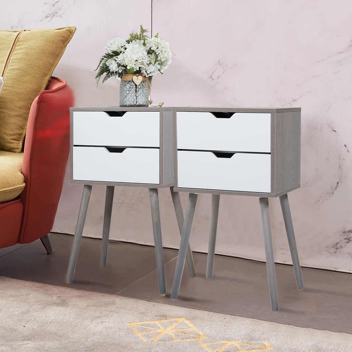 2-Drawer Gray and White End Side Table Nightstand 11.82 in. W x 15.87 in. D x 28.15 in. H (Set of 2 ) - - 37068684