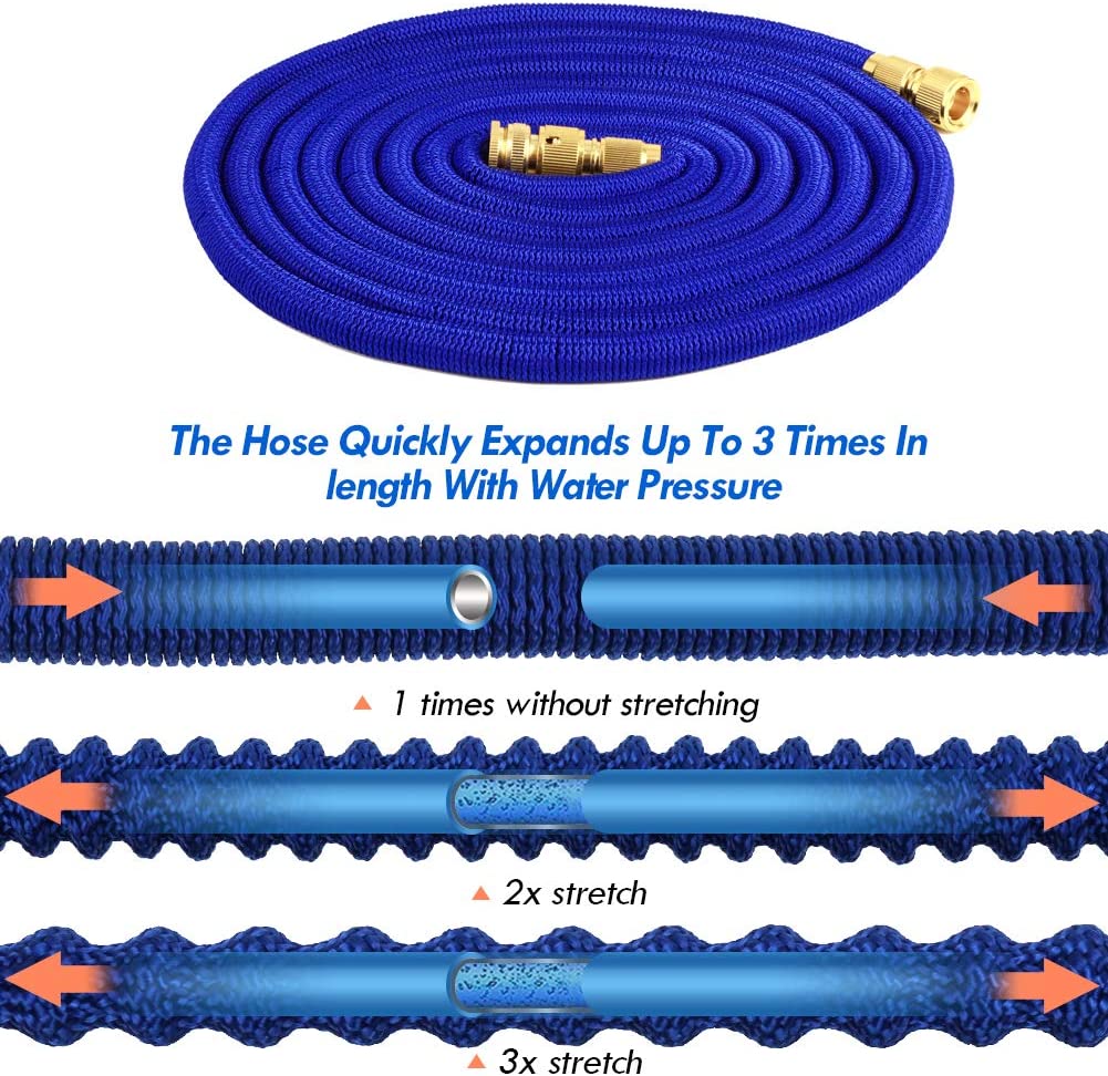 SSAWcasa Garden Hose Expandable Water Hose with Heavy Duty Metal Spray Nozzle High Pressure Water Nozzle with 3-Spray Mode for Watering Garden， Cars and Showering Pets (50ft)