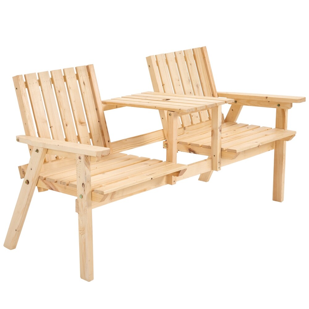 Outsunny Outdoor Patio Wooden Double Chair Garden Bench with Middle Table   Natural Weather Fighting Materials   60\