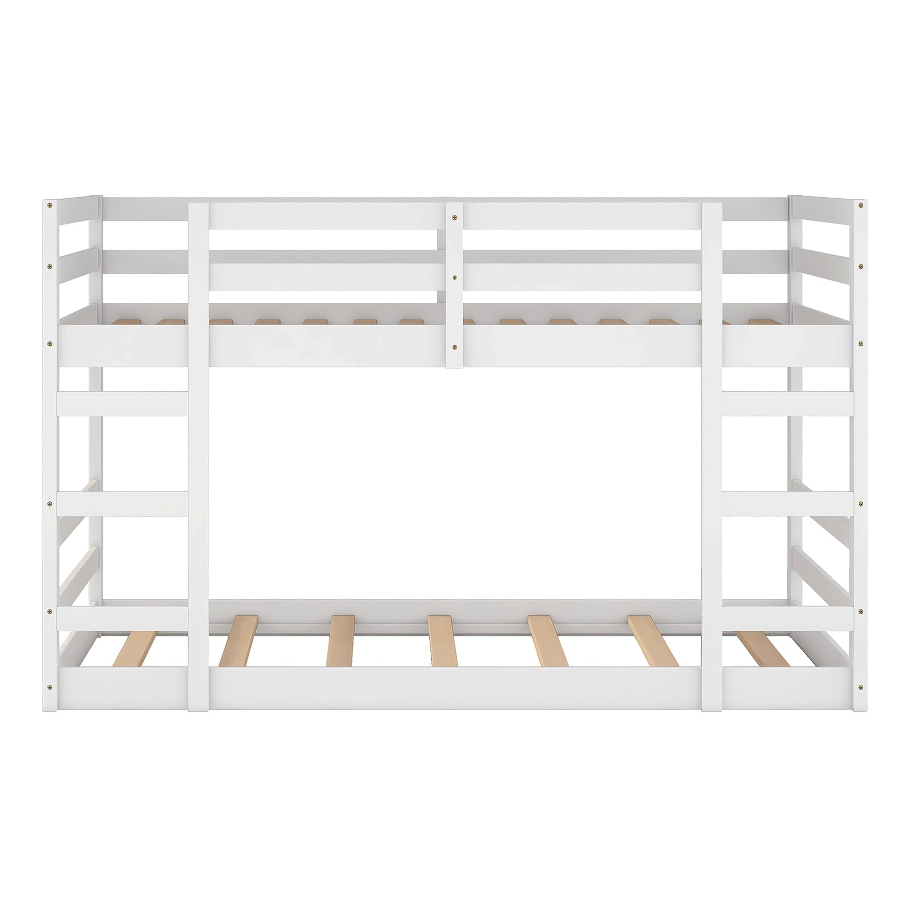 Bellemave Low Twin Over Twin Bunk Beds, Juniors Floor Bunk Bed with Ladder and Guardrails, Wood Twin Bunk Bed for Kids Teens Girls & Boys, White