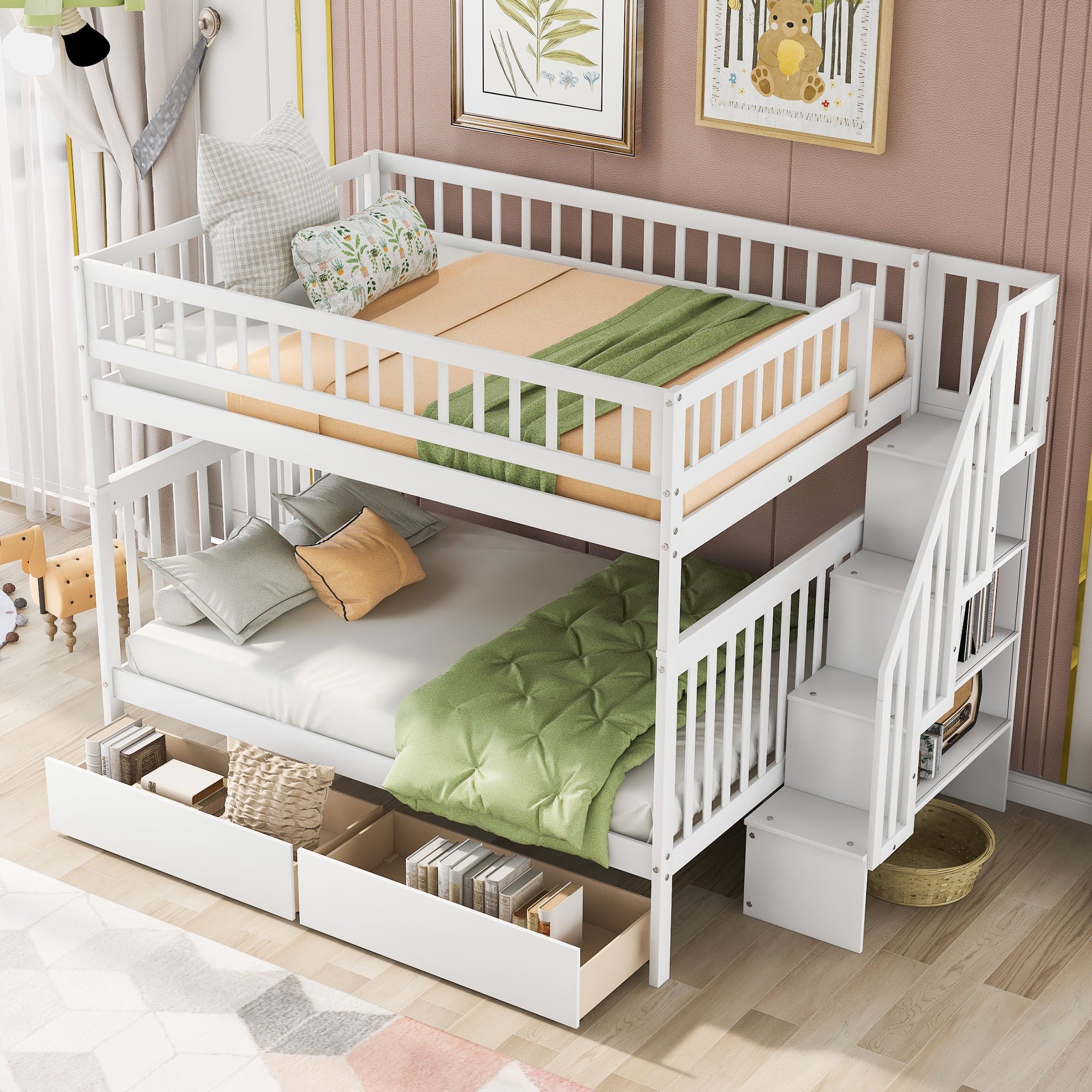 Euroco Full Over Full Bunk Bed with Storage Shelves and Drawers for Kid's Room