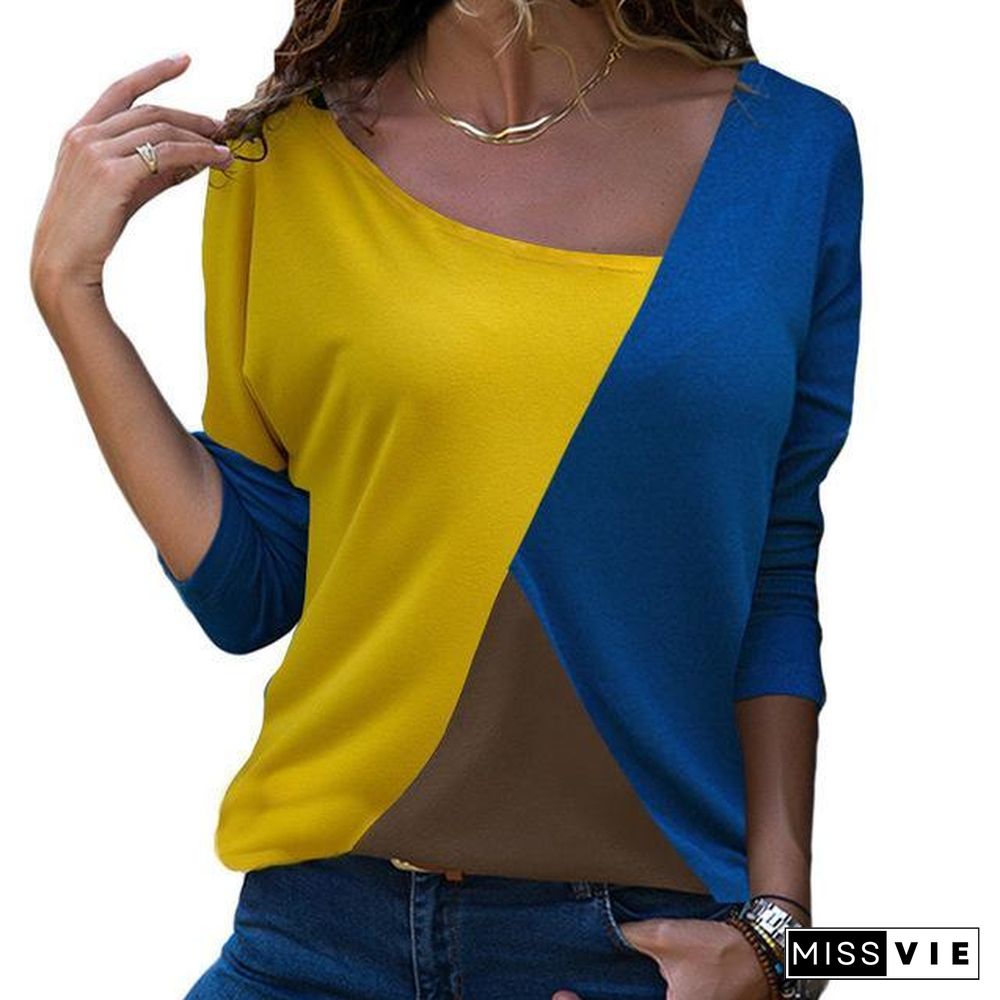 Women Long Sleeve T-Shirt Patchwork Color Block Shirt Pullover Cotton Casual Tops