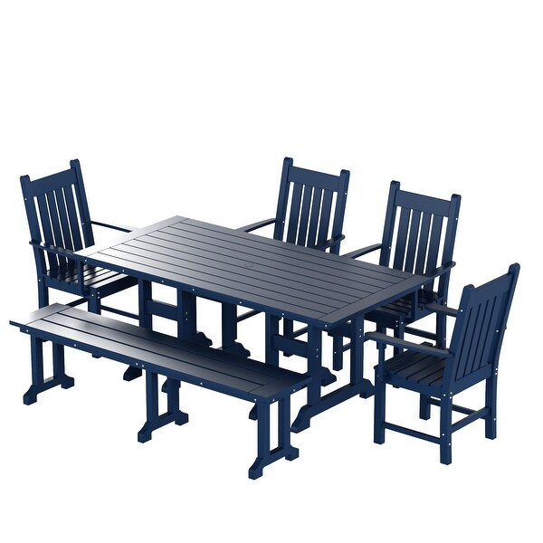 Polytrends Laguna Hdpe All Weather Outdoor Patio Dining Set with Rectangle Table，Arm Chairs and Bench (6Piece Set)