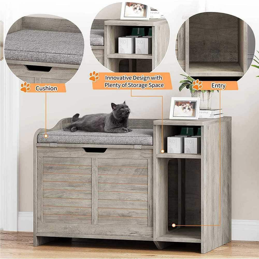 AndMakers Cat Litter Box Enclosure in Grey with Top Opening and Cushion IH-0W8R2RQF