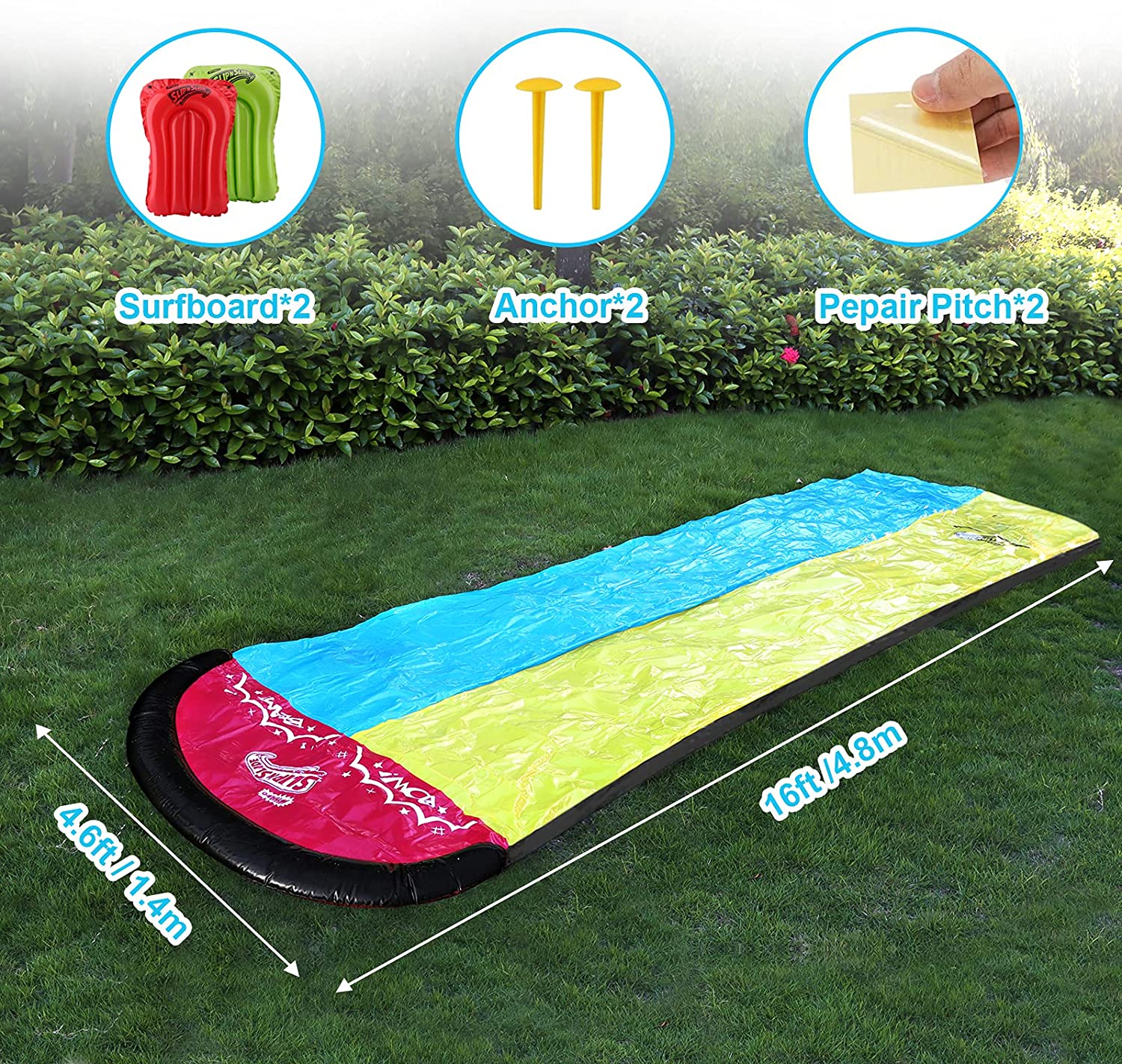 Terra Water Slide for Kids, 16 FT Slip Water Slide with 2 Surfboards & 2 Sliding Racing Lanes, Summer Toy with Sprinkler, Sports Outdoor Fun Water Play Toys