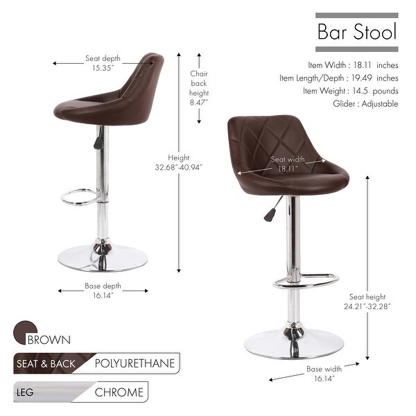 Porthos Home Rea Swivel Adjustable Height Bar Stool， PU Leather， Chrome Base