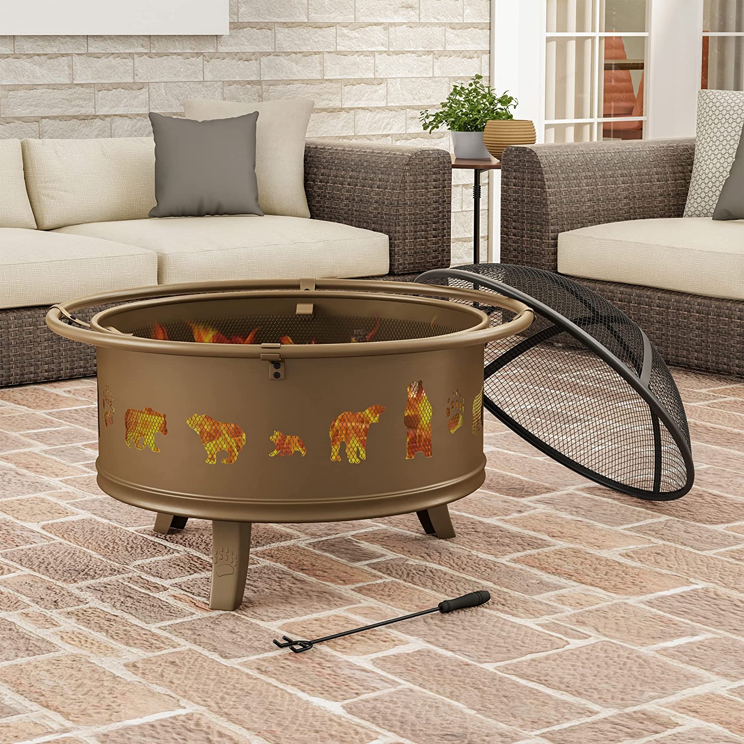 Nature Spring 50-LG1202 32” Outdoor Deep Fire Pit-Round Large Steel Bowl with Bear Cutouts， Mesh Spark Screen， Log Poker and Storage Cover-Patio Wood Burning， Antique Gold