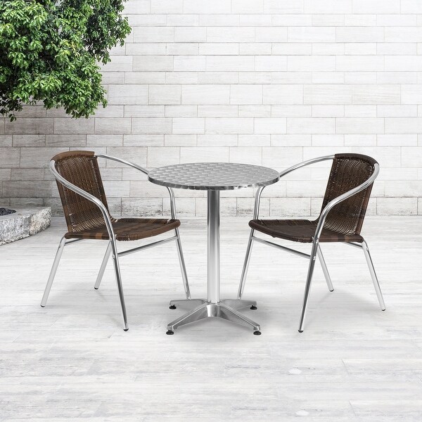 23.5'' Round Aluminum IndoorOutdoor Table Set with 2 Rattan Chairs