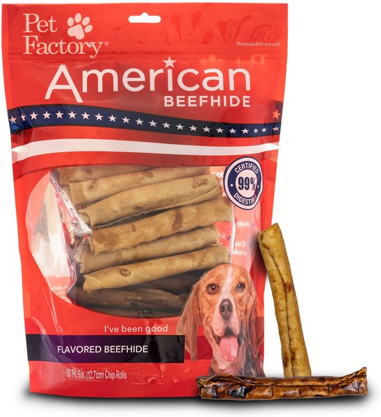 Pet Factory Beefhide Chip Rolls 5-inch Beef and Chicken Flavored Dehydrated Dog Hard Chews， 50 count