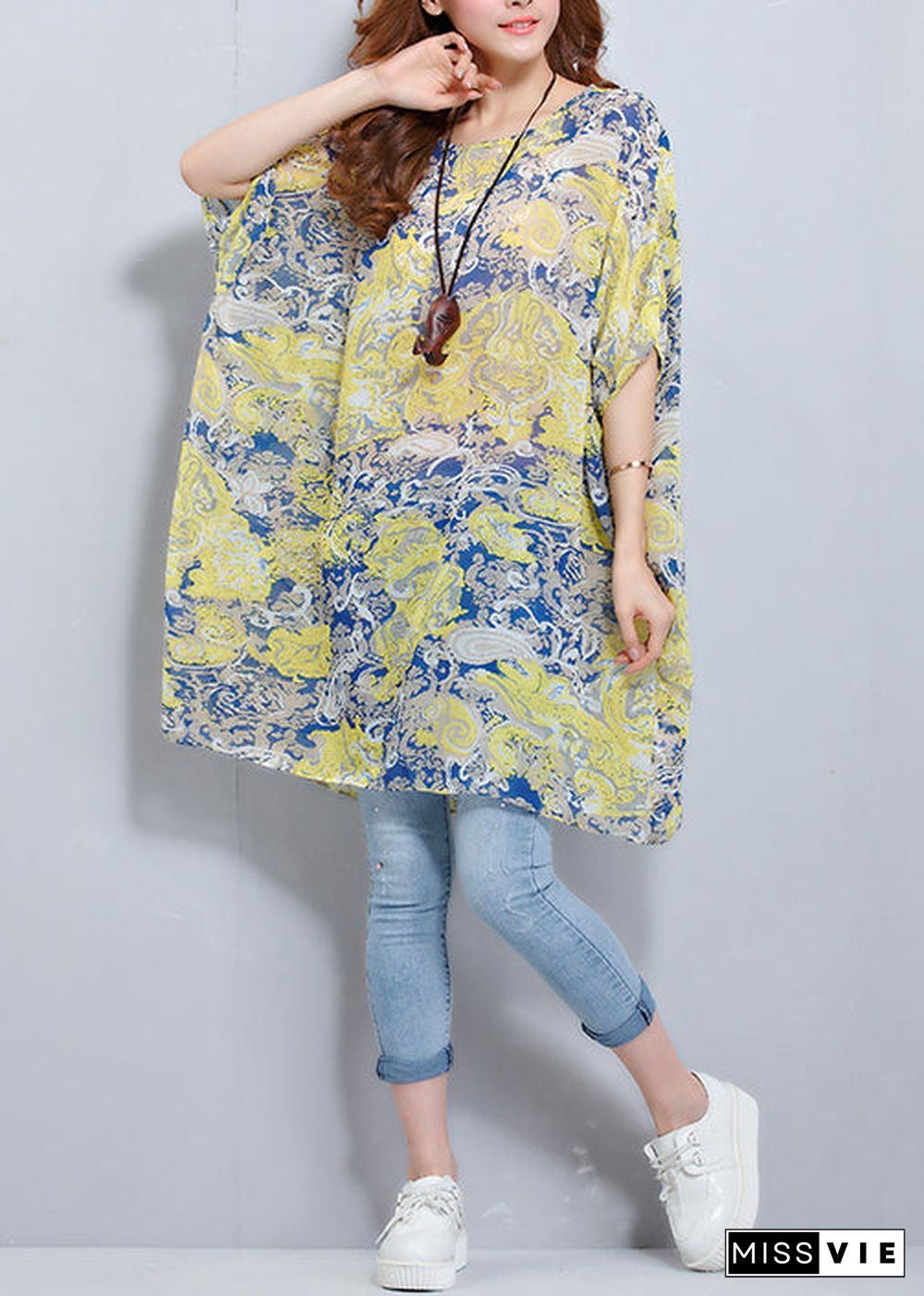 Simple o neck Batwing Sleeve chiffon tunic pattern plus size Photography floral blouses Summer