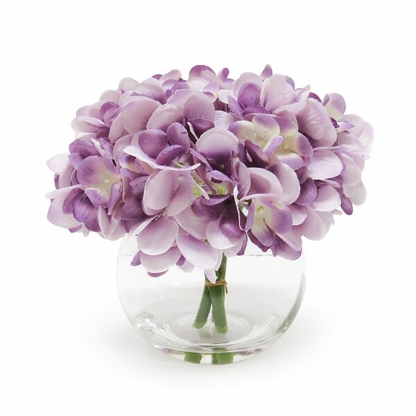 Artificial Hydrangea Flower Arrangement in Round Glass Vase 7in