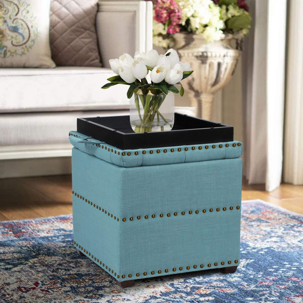 Square Fabric Ottoman with Tray   Midcentury   Footstools And Ottomans   by Imtinanz  LLC  Houzz