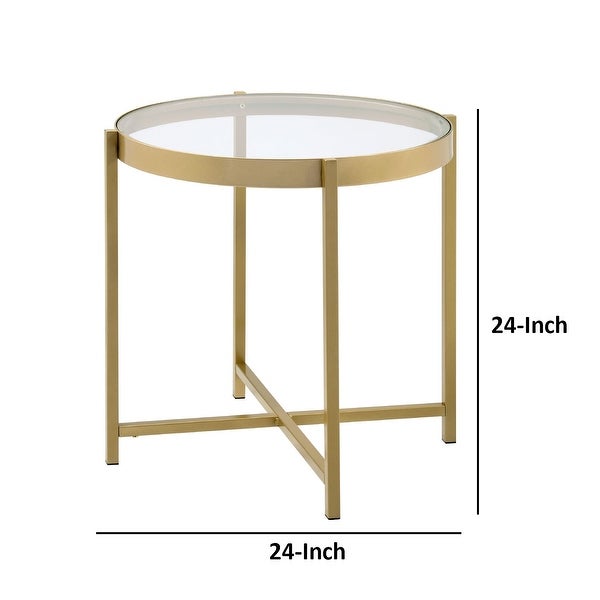 End Table with Round Glass Top and Metal Frame， Gold