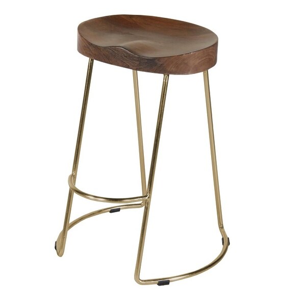 Farmhouse Counter Height Barstool with Wooden Saddle Seat and Tubular Frame， Large