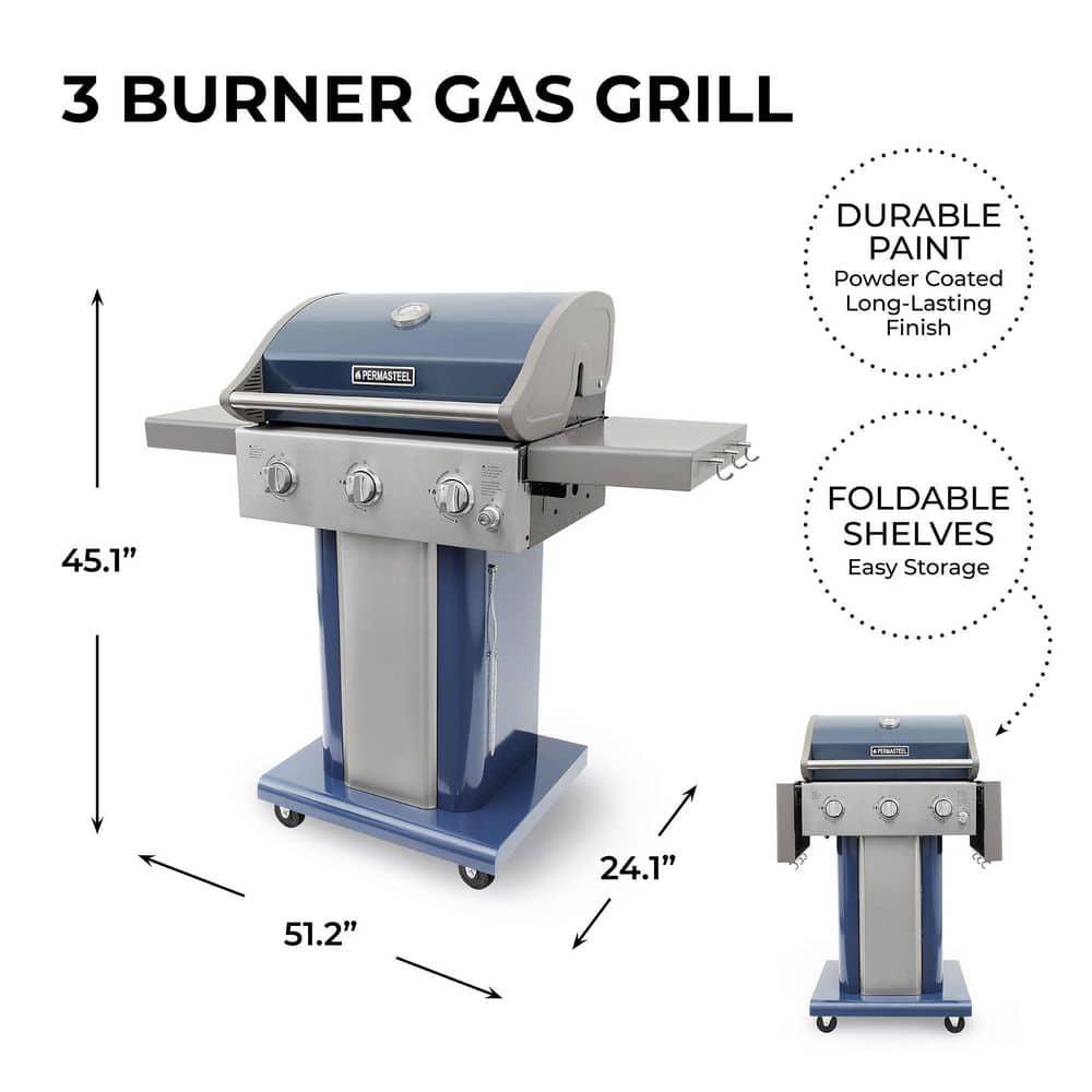 PERMASTEEL 3Burner Pedestal Propane Gas Grill in Azure with Side Hooks