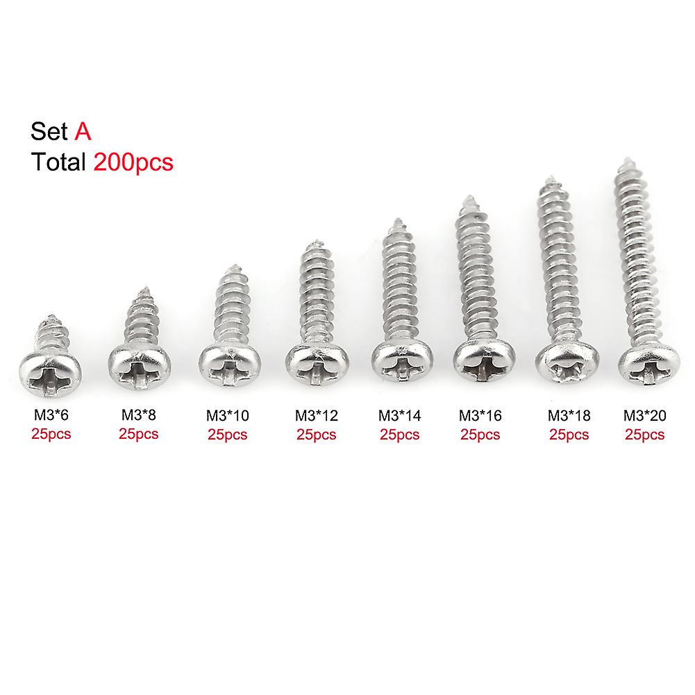 200 Pack M3 Pan/flat Head Screw Stainless Steel Self  Tapping Screw Assortment Kit[]