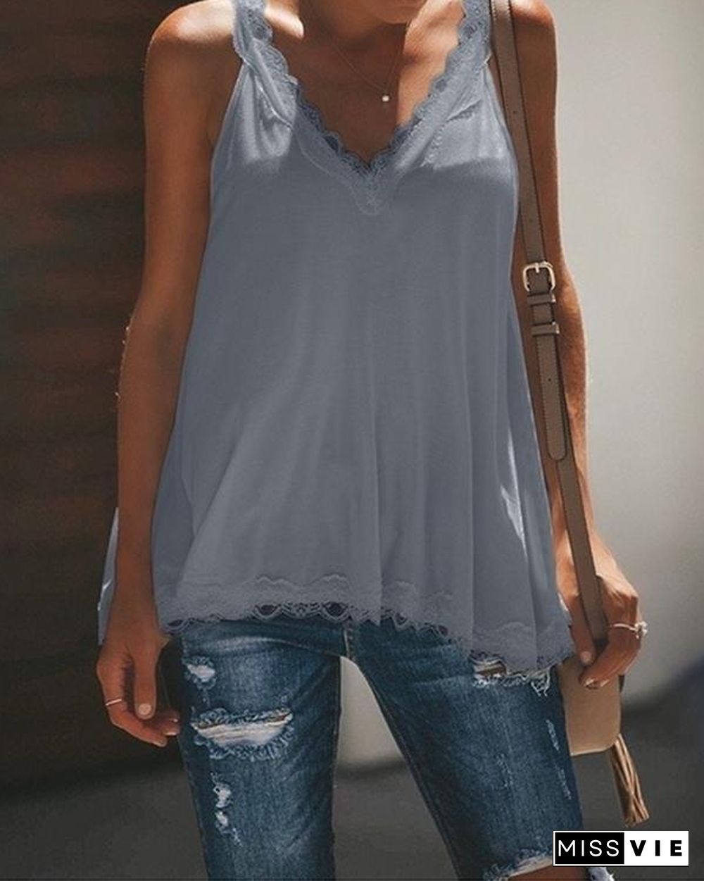 Women Casual  V Neck Paneled Spaghetti Solid Sexy Camis Tops