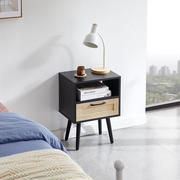 Modern Rattan Side table/Nightstand with 1 Shelf，1 drawer and 4 Solid Wood Legs