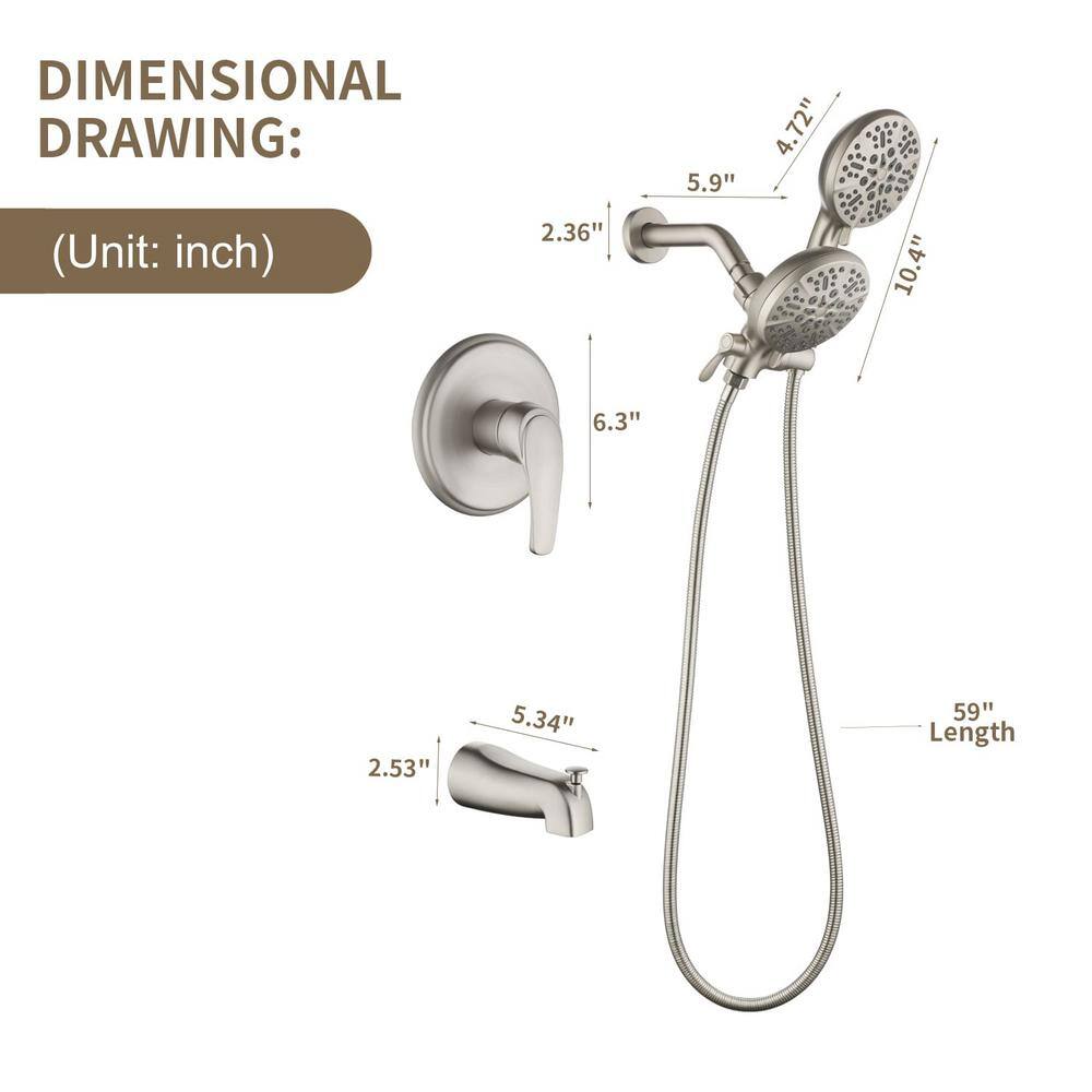 FLG Single-Handle 7-Spray Wall Mount Tub and Shower Faucet 2 In-1 Shower Head Trim Kit in Brushed Nickel (Valve Included) SS-0024-BN