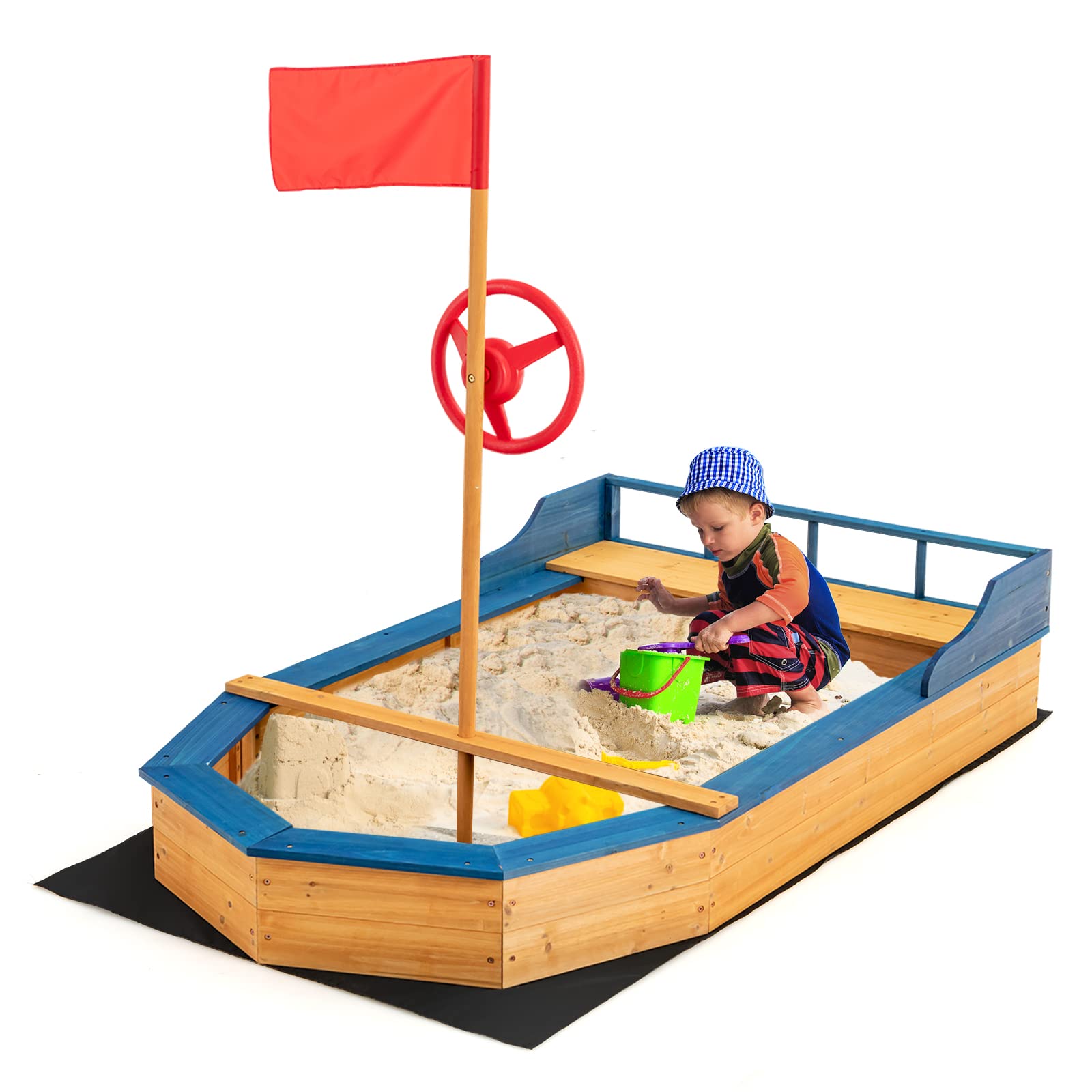 Costzon Pirate Boat Wood Sandbox for Kids, Wooden Pirate Sandpit w/Bench Seat