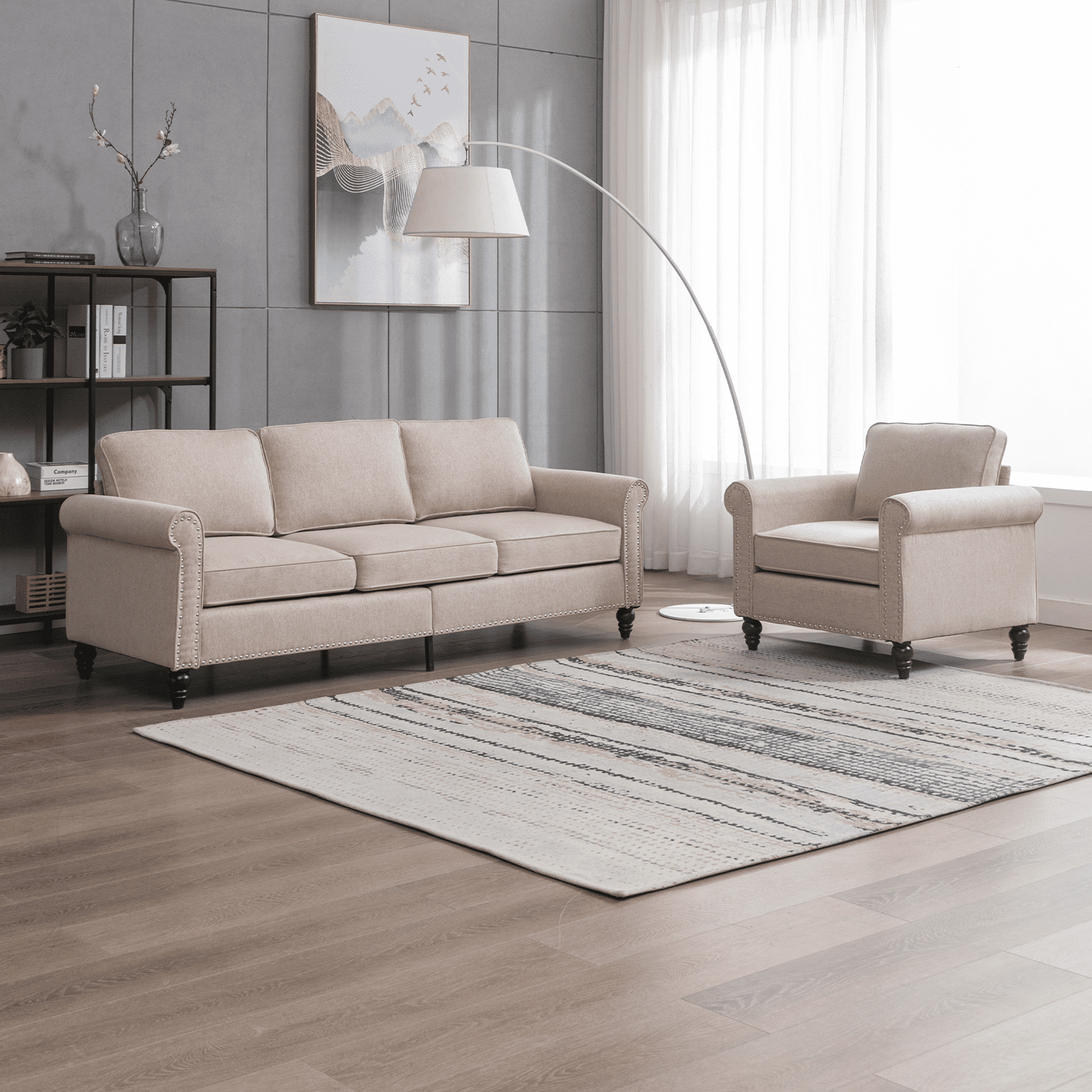 Mjkone Soft Fabric Couches Set for Living Room, Including Three Seat Sofa, Single Sofa for Apartment Furniture Set, Beige