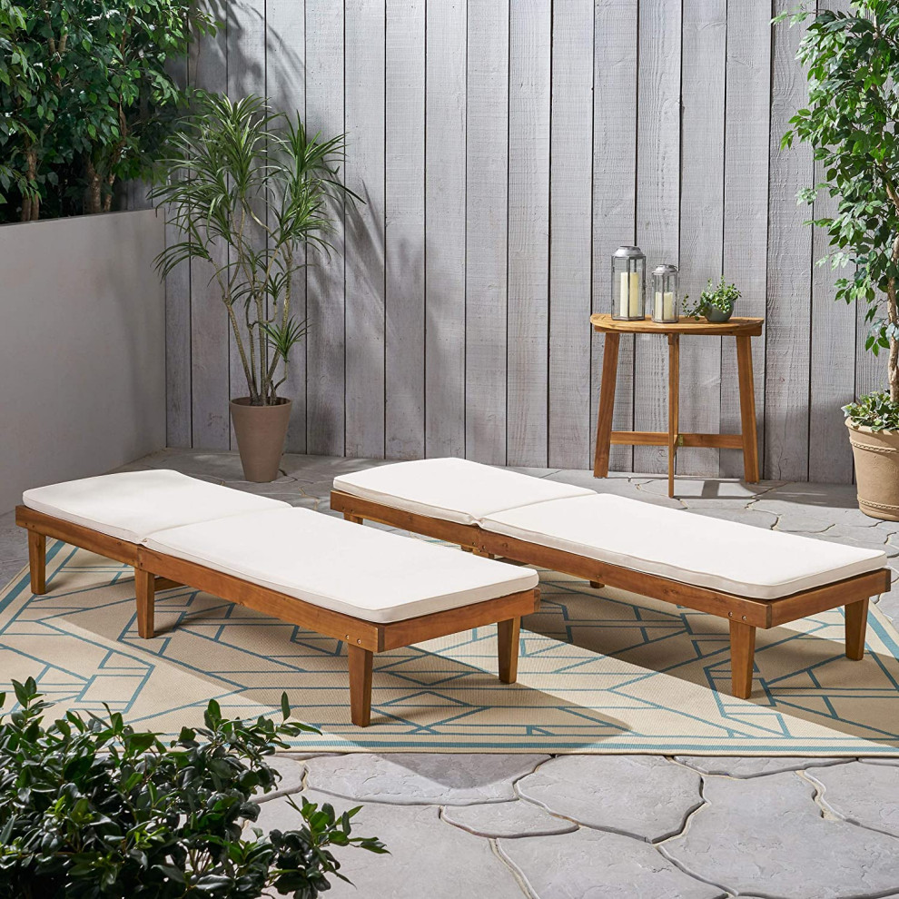 Set of 2 Patio Chaise Lounge  Teak Finished Acacia Wood Frame With Beige Cushion   Transitional   Outdoor Chaise Lounges   by Decor Love  Houzz