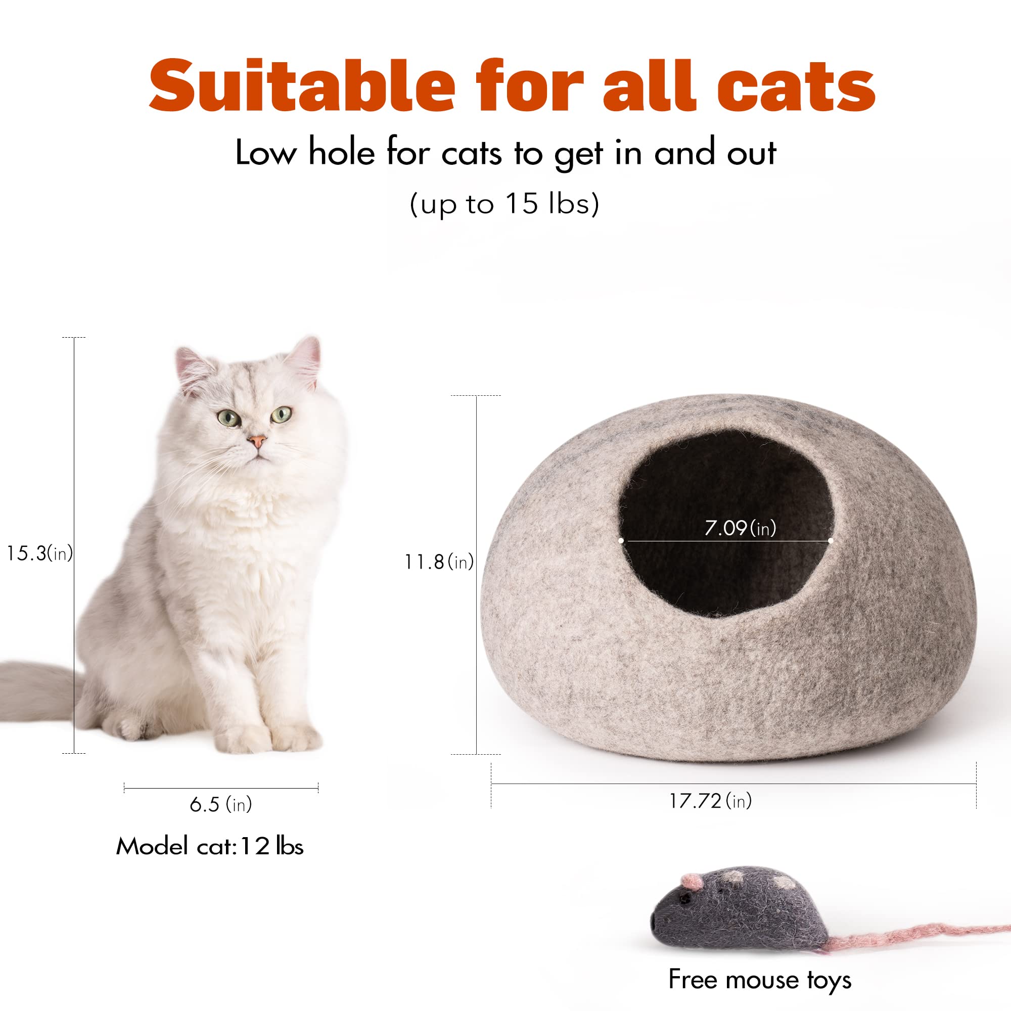 Mewoofun Medium Cat Cave Bed，Handmade Wool Cat House，Felt Cat Caves for Indoor Cats and Kittens，Grey