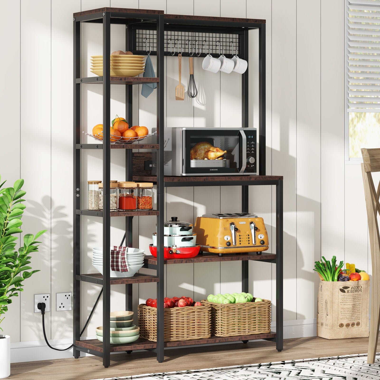 Tribesigns Kitchen Baker's Rack with Power Outlets， Freestanding 8 Tier Microwave Stand with Storage Shelf， Rustic Brown