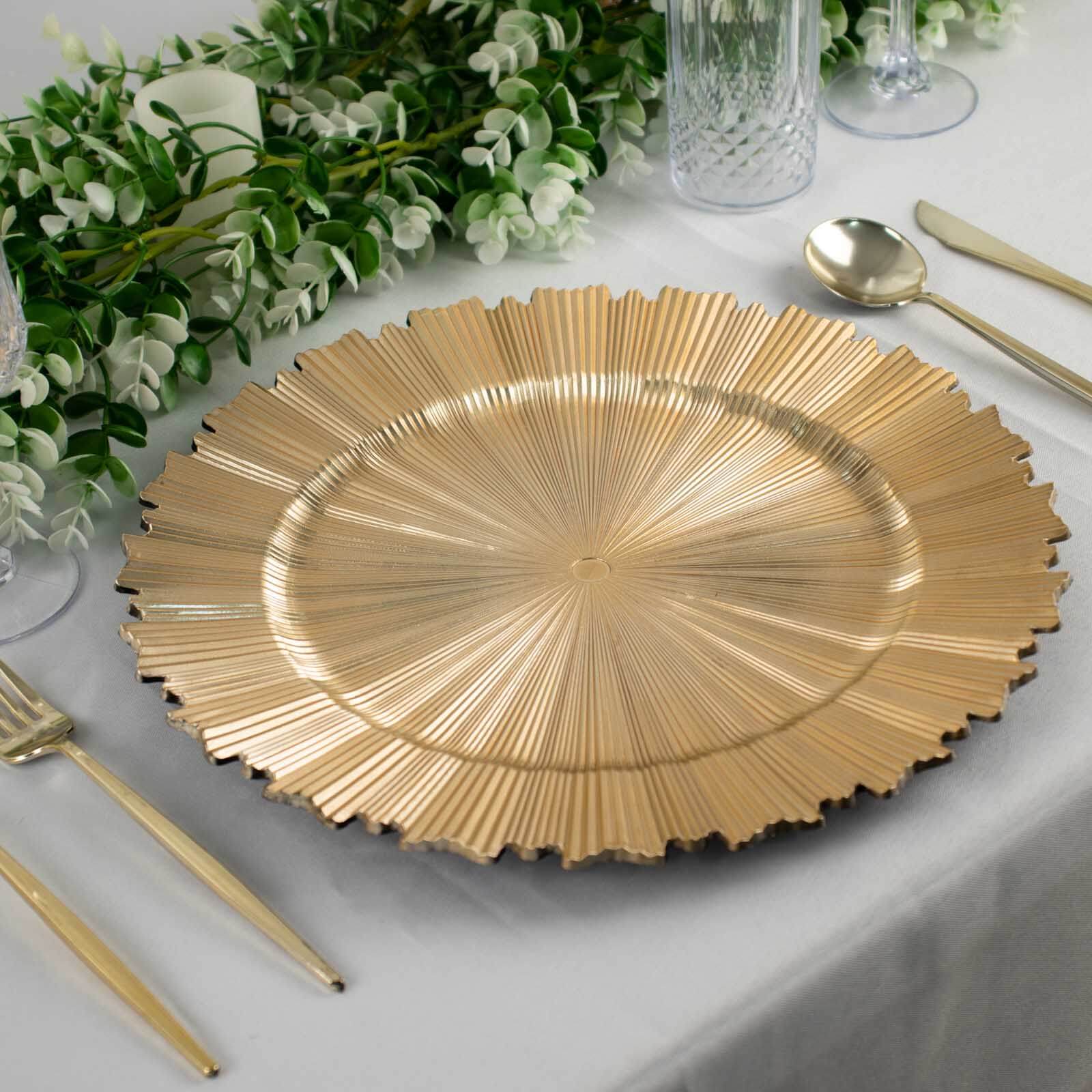 6 Pack Metallic Gold Sunray Acrylic Plastic Serving Plates, Round Scalloped Rim Disposable Charger Plates 13