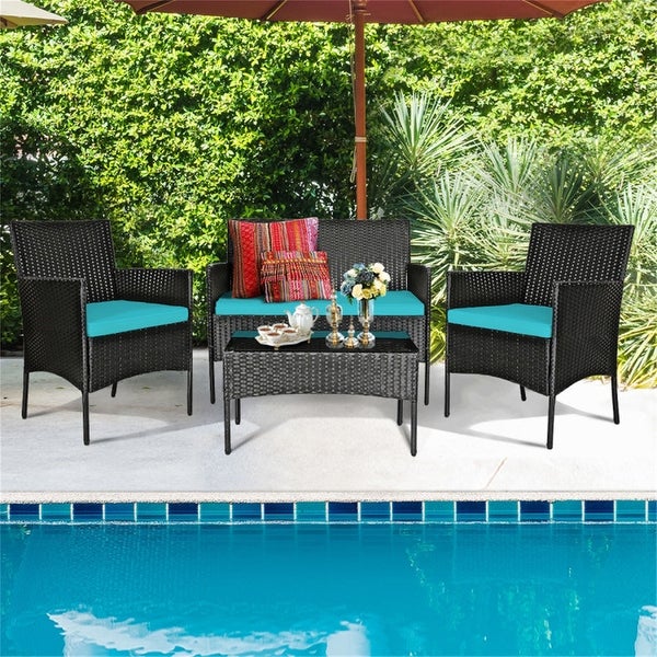 4 Pieces Patio Rattan Cushioned Sofa Set with Tempered Glass Table - Overstock - 37909379