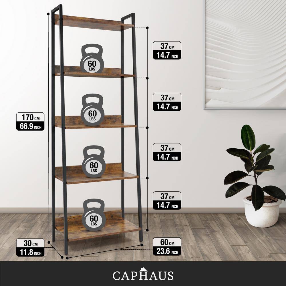 CAPHAUS 67 in. Rustic Oak Bookcase Shelf Organizer 24 in. W 5 Tier Ladder Bookshelf for Home Office Living Room and Kitchen FLR-CH2412MWLD5-RUOK