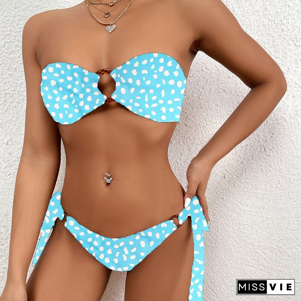 Women Pattern Print Lace-up Swimsuits Fashion Two Piece Hollow Out Backless Beachwear Sexy Strapless Tube Top Push Up Bikini Set