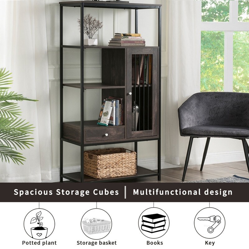Vintage Brown 5 Tier Bookcase and Bookshelf with Doors and Drawers