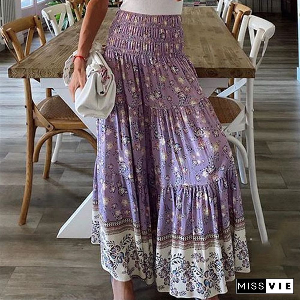 Plus Size Skirt Boho Style Floral Printed High Waist Skirt Holiday Beach Long Skirt Jupes