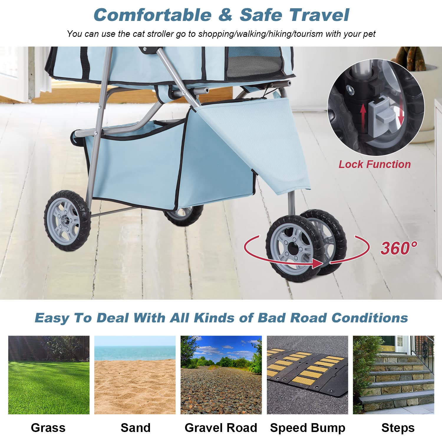 BestPet 3 Wheels Pet Stroller Folding with Cup Holder and Removable Liner，Light Blue